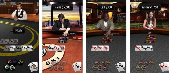 Poker hru Texas Holdem od Apple lze hrát z pohledu vlastních očí, ale také přehledněji s kamerou umístěnou nad stolem.