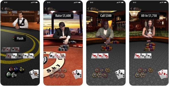 Poker hru Texas Holdem od Apple lze hrát z pohledu vlastních očí, ale také přehledněji s kamerou umístěnou nad stolem.